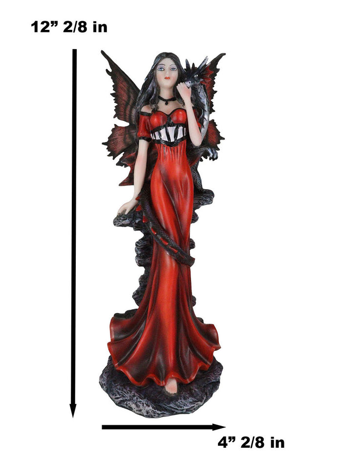Ebros Gift Butterfly Winged Elf Fairy In Red Evening Gown With Midnight Dragon Figurine