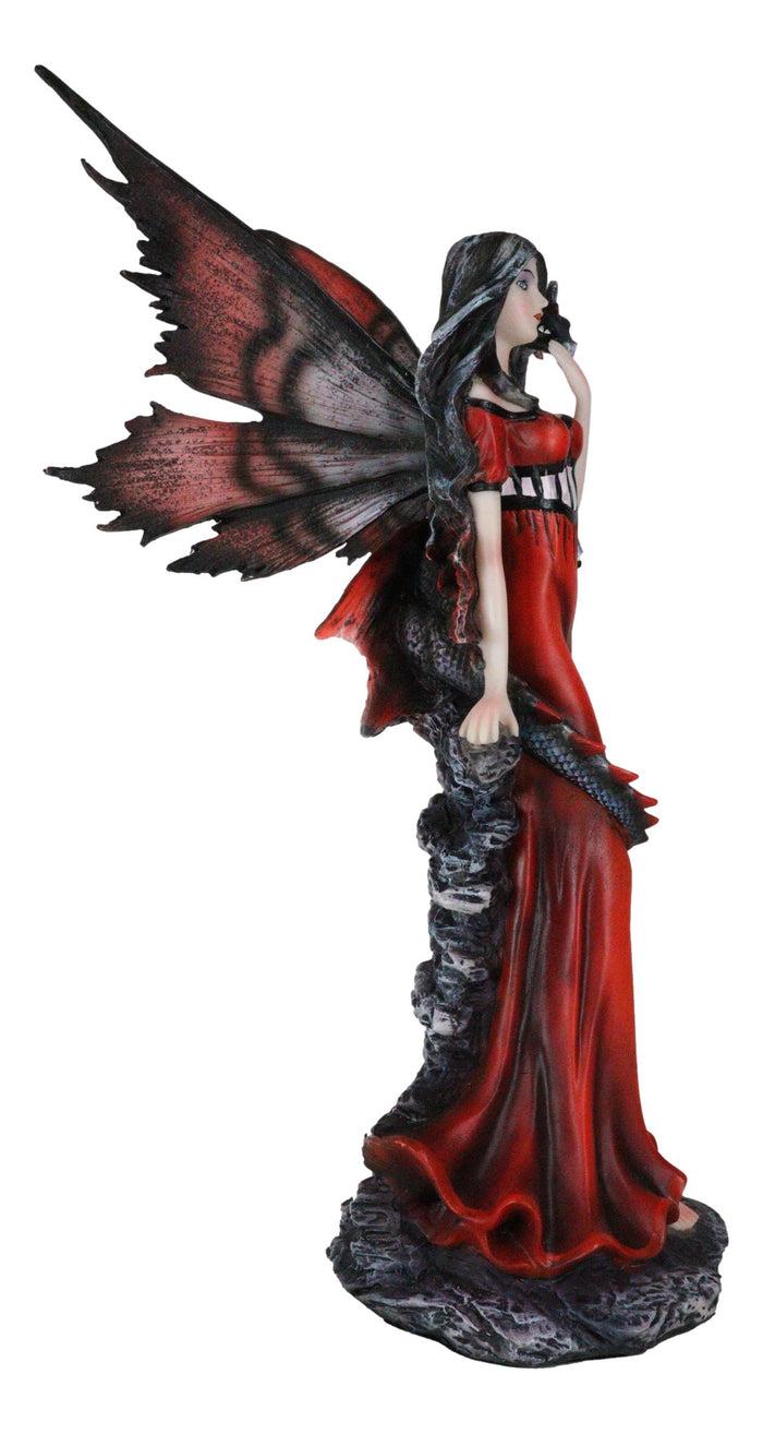 Ebros Gift Butterfly Winged Elf Fairy In Red Evening Gown With Midnight Dragon Figurine