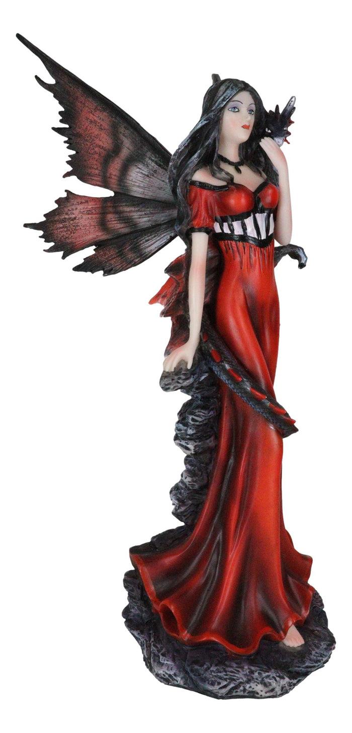 Ebros Gift Butterfly Winged Elf Fairy In Red Evening Gown With Midnight Dragon Figurine