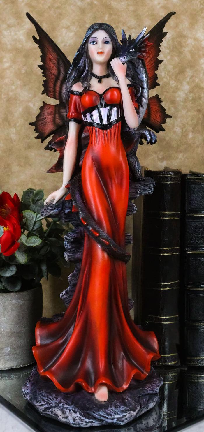 ebros gift Butterfly Winged Elf Fairy In Red Evening Gown With Midnight Dragon Figurine