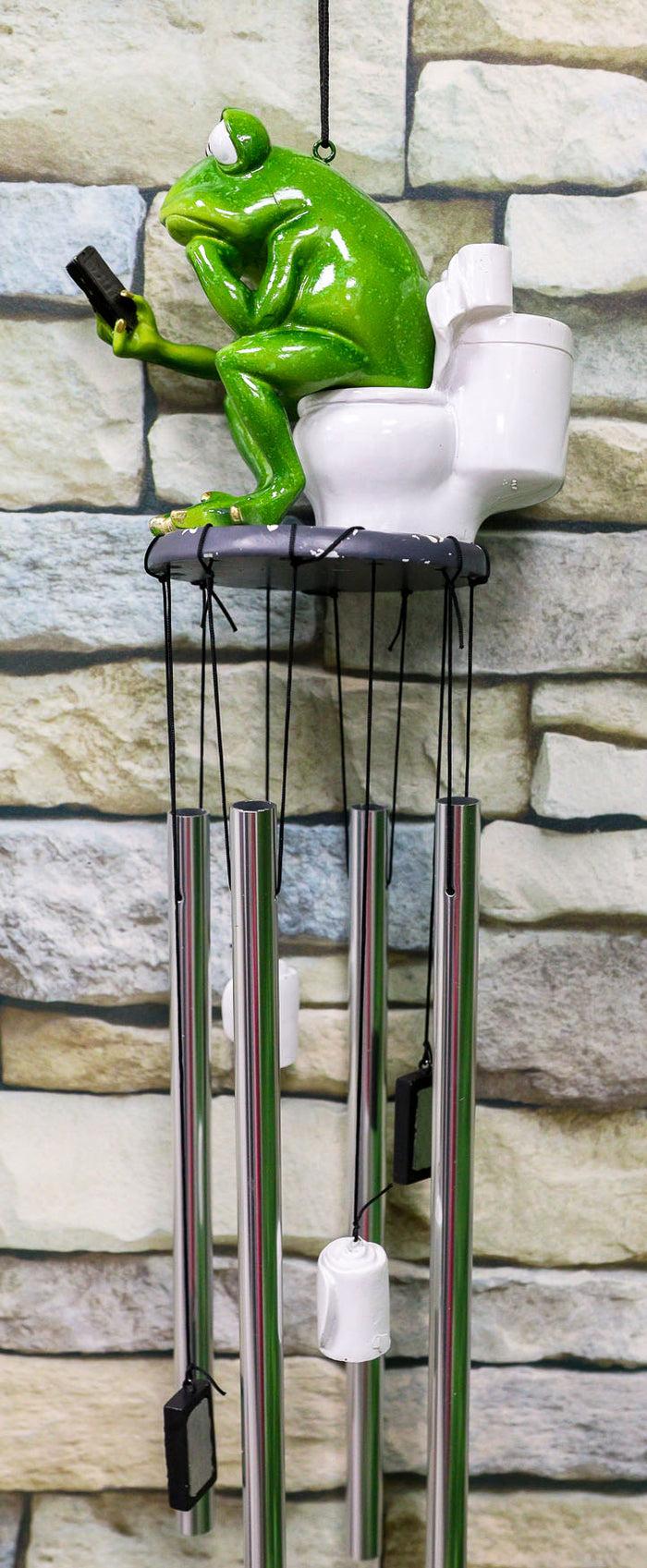 Ebros Gift Call Of Nature Frog On Toilet Seat Browsing Smartphone Cell Phone Wind Chime