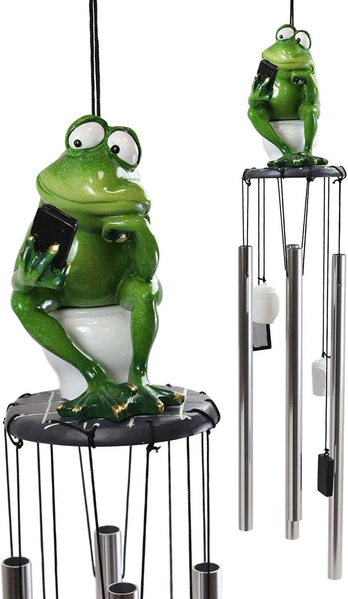 ebros gift Call Of Nature Frog On Toilet Seat Browsing Smartphone Cell Phone Wind Chime