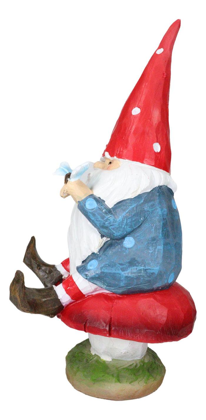 Ebros Gift Camper Gnome Sitting On Toadstool Mushroom With A Bluebird Fairy Garden Figurine