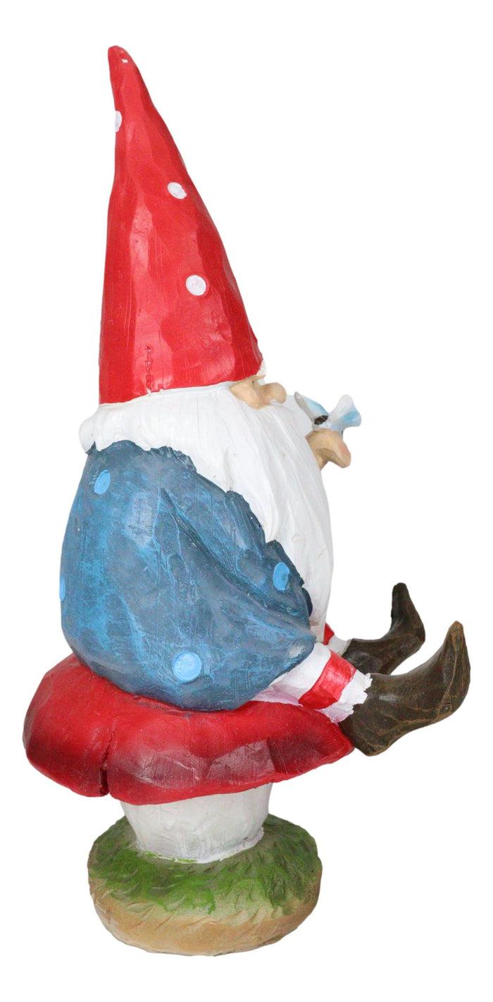 Ebros Gift Camper Gnome Sitting On Toadstool Mushroom With A Bluebird Fairy Garden Figurine