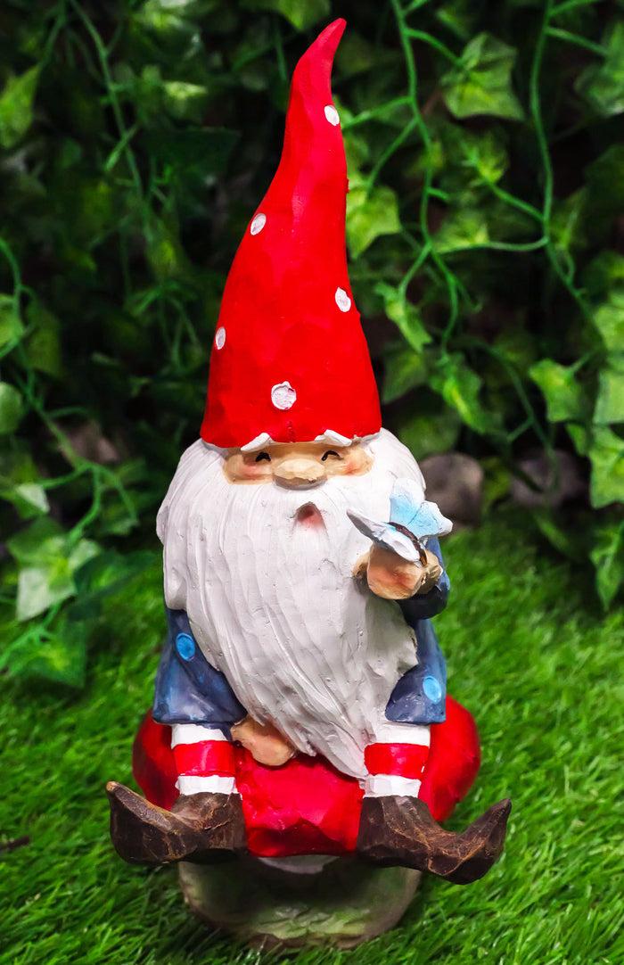 ebros gift Camper Gnome Sitting On Toadstool Mushroom with A Bluebird Fairy Garden Figurine