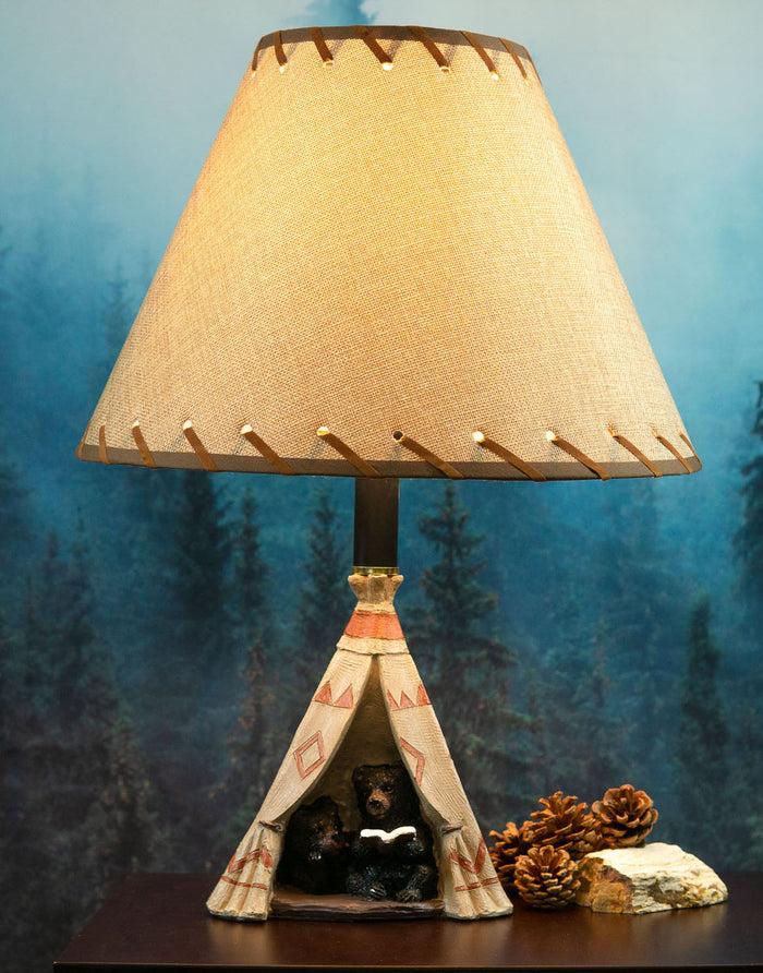 ebros gift Campfire Story Time Bear Cubs Reading In Teepee Hut Rustic Table Lamp With Shade