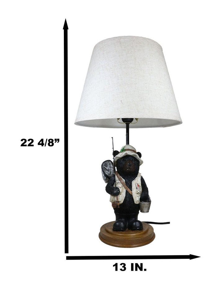 Ebros Gift Camping Fisherman Angler Bear Going Fishing With Pole Net And Bucket Table Lamp