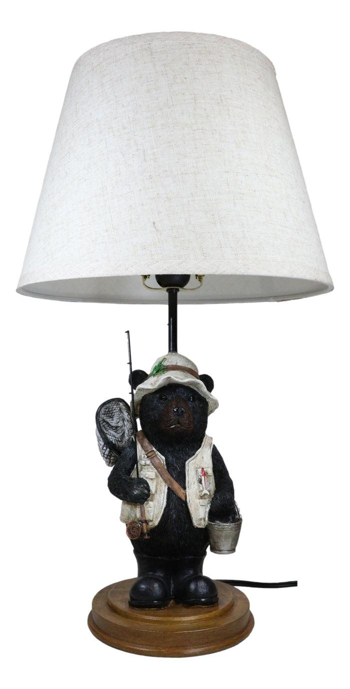 Ebros Gift Camping Fisherman Angler Bear Going Fishing With Pole Net And Bucket Table Lamp