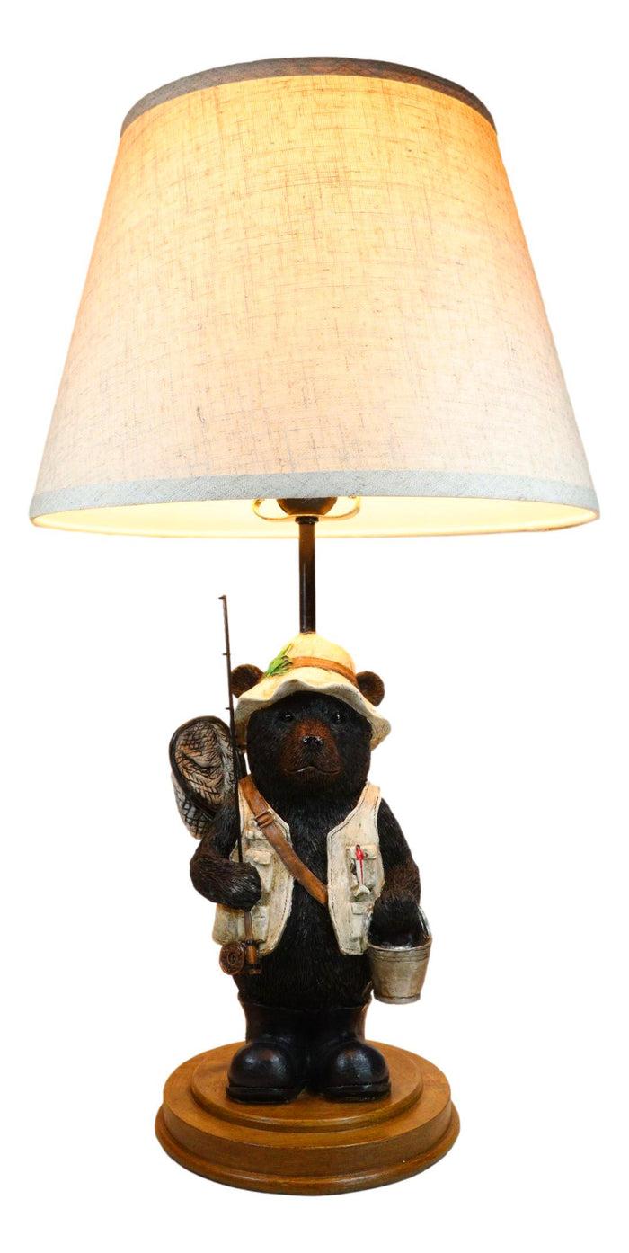 ebros gift Camping Fisherman Angler Bear Going Fishing With Pole Net And Bucket Table Lamp