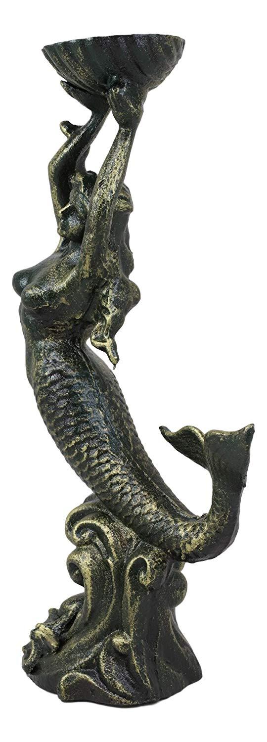 Ebros Gift Cast Iron 15"H Under The Sea Mermaid Holding Up Sea Shell Candle Holder Statue