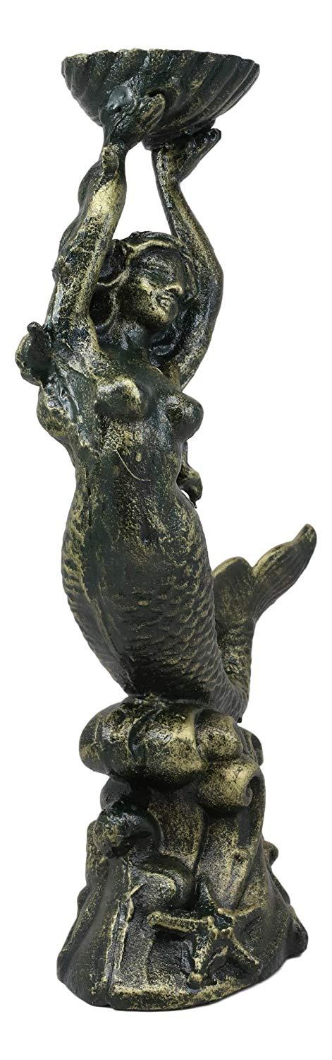 Ebros Gift Cast Iron 15"H Under The Sea Mermaid Holding Up Sea Shell Candle Holder Statue