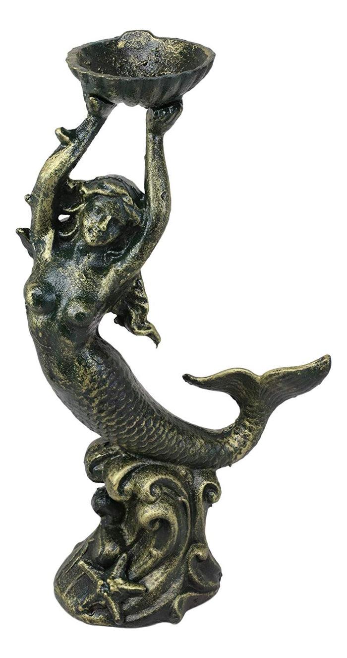 Ebros Gift Cast Iron 15"H Under The Sea Mermaid Holding Up Sea Shell Candle Holder Statue
