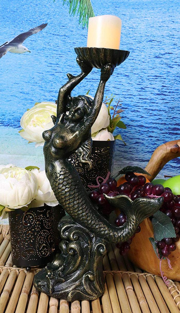 ebros gift Cast Iron 15"H Under The Sea Mermaid Holding Up Sea Shell Candle Holder Statue