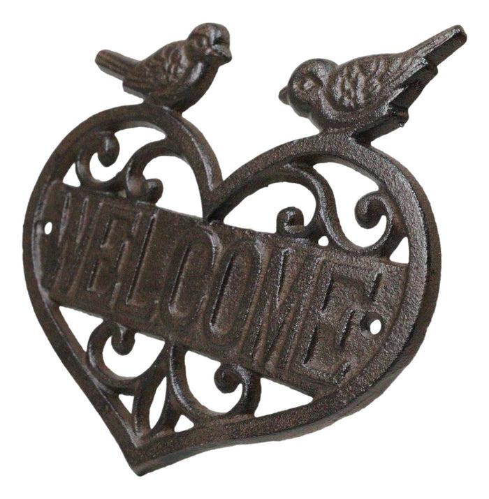 Ebros Gift Cast Iron 2 Lovebirds Perching On Scrollwork Heart Welcome Sign Wall Plaque