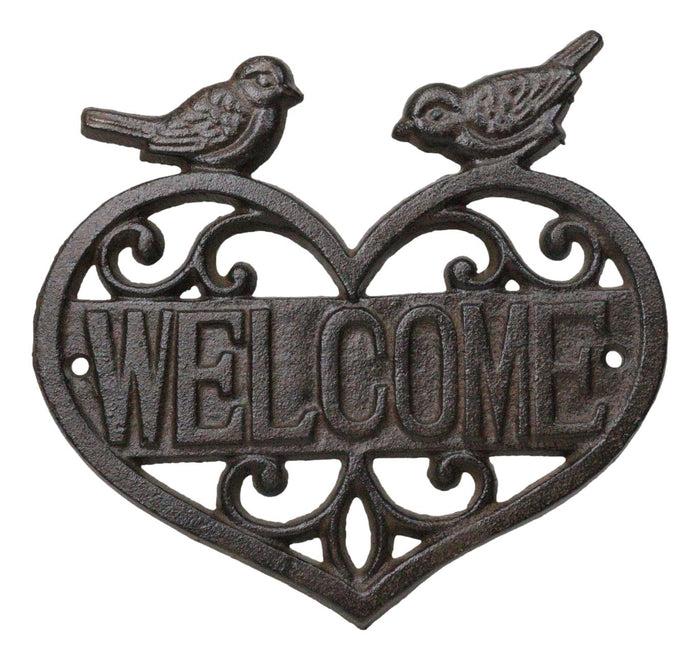 ebros gift Cast Iron 2 Lovebirds Perching On Scrollwork Heart Welcome Sign Wall Plaque