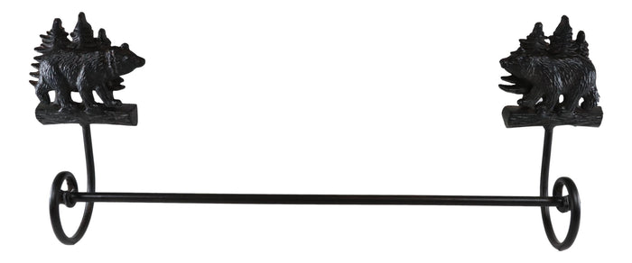 Ebros Gift Cast Iron 24"L Rustic Forest Black Bear By Pine Trees Wall Bath Towel Bar Rack