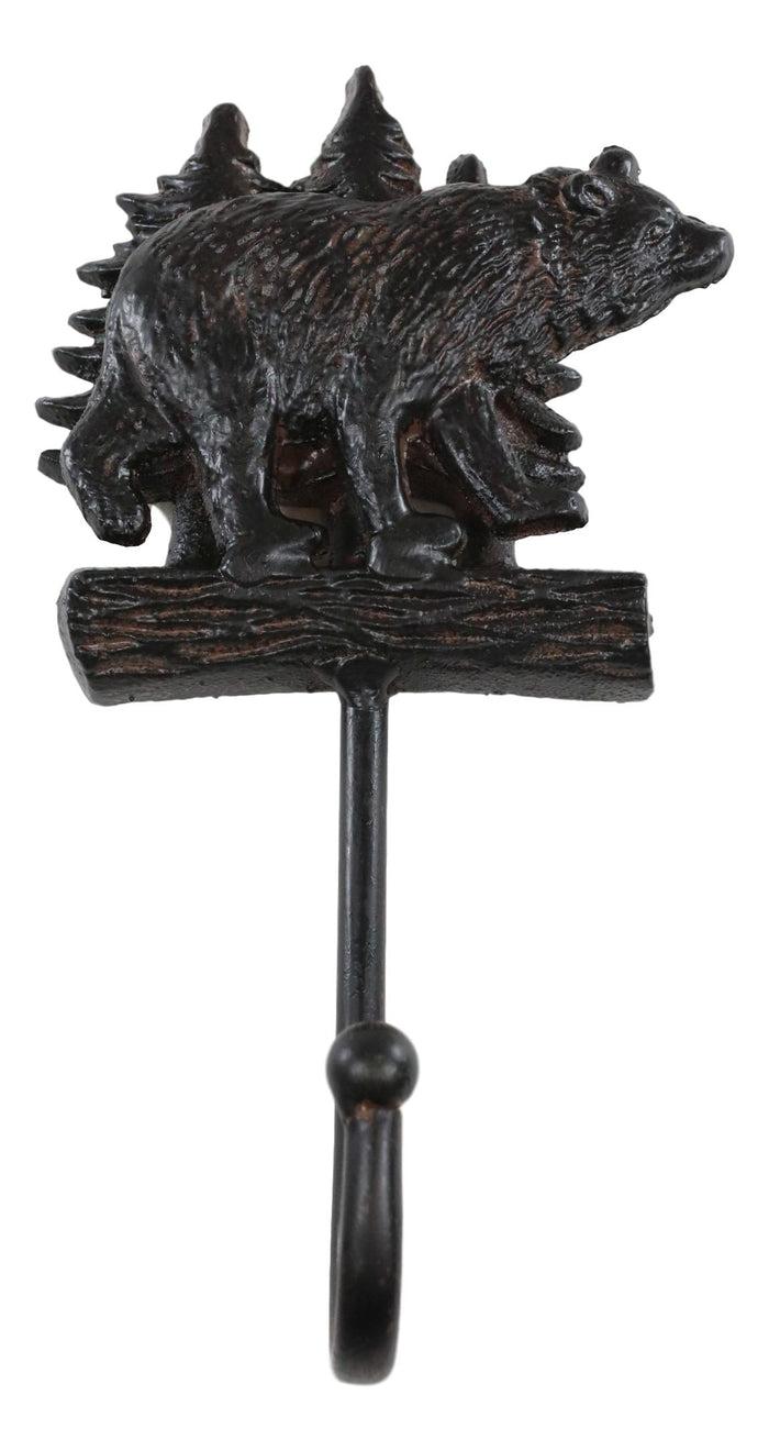 Ebros Gift Cast Iron 9"H Rustic Forest Black Bear By Pine Trees Log Forest Wall Coat Hook
