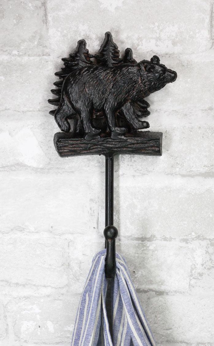 ebros gift Cast Iron 9"H Rustic Forest Black Bear By Pine Trees Log Forest Wall Coat Hook