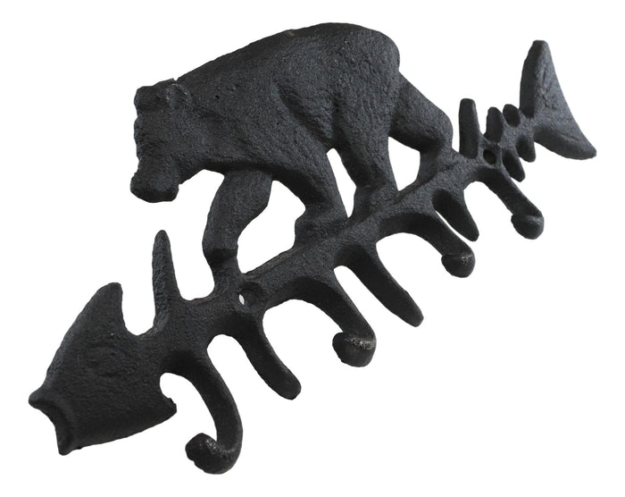 Ebros Gift Cast Iron 9" Rustic Forest Black Bear On Fish Bone 4 Pegs Wall Hook Decor Plaque