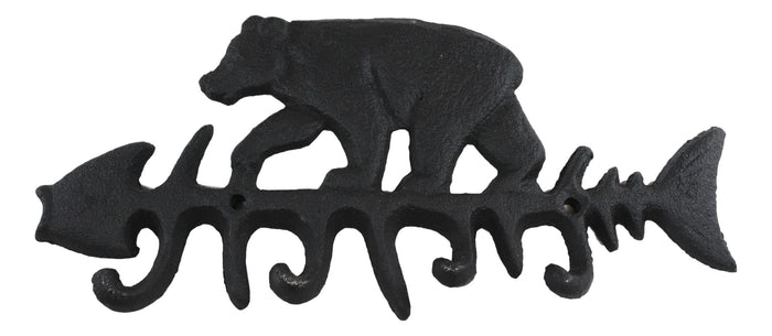 Ebros Gift Cast Iron 9" Rustic Forest Black Bear On Fish Bone 4 Pegs Wall Hook Decor Plaque