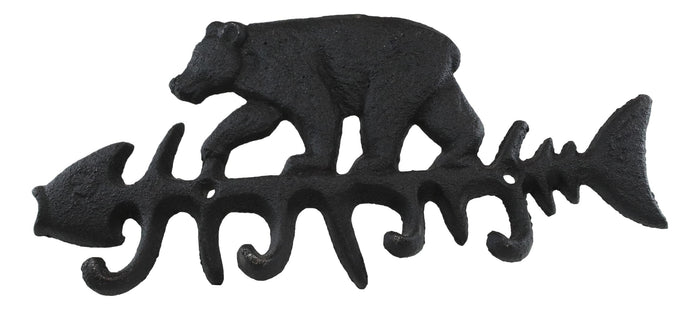 Ebros Gift Cast Iron 9" Rustic Forest Black Bear On Fish Bone 4 Pegs Wall Hook Decor Plaque