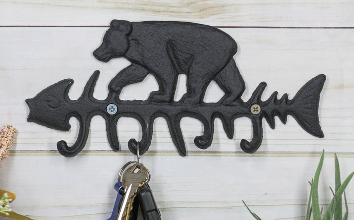 ebros gift Cast Iron 9" Rustic Forest Black Bear On Fish Bone 4 Pegs Wall Hook Decor Plaque