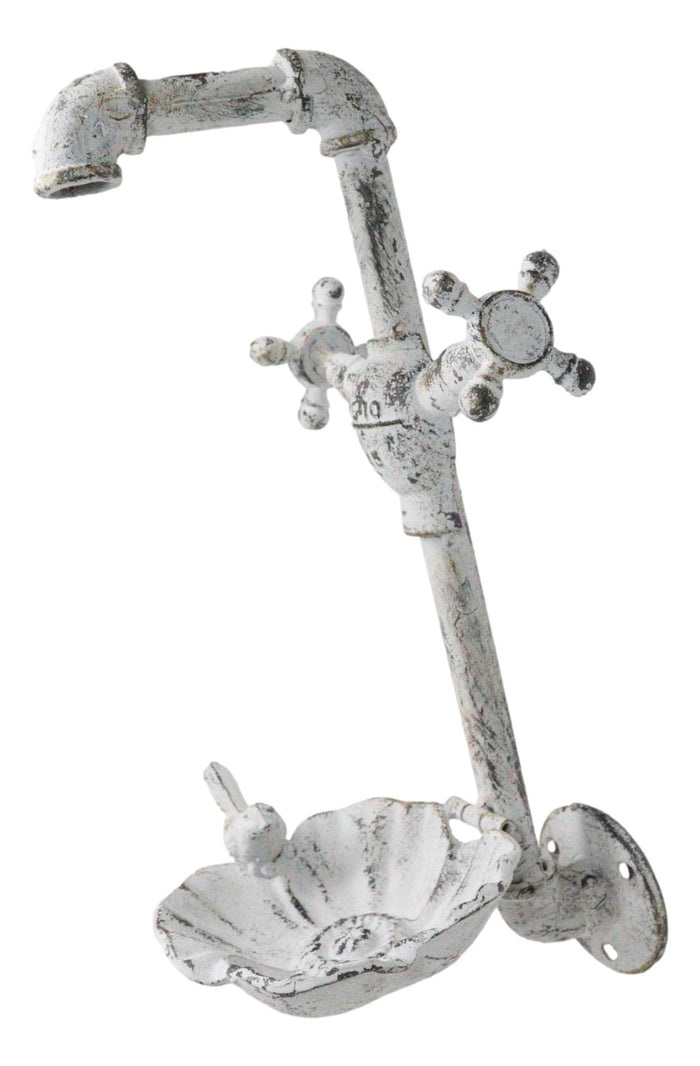 Ebros Gift Cast Iron Antiqued White Spigot Faucet Bird On Flower Wall Bird Feeder Bath 16"H