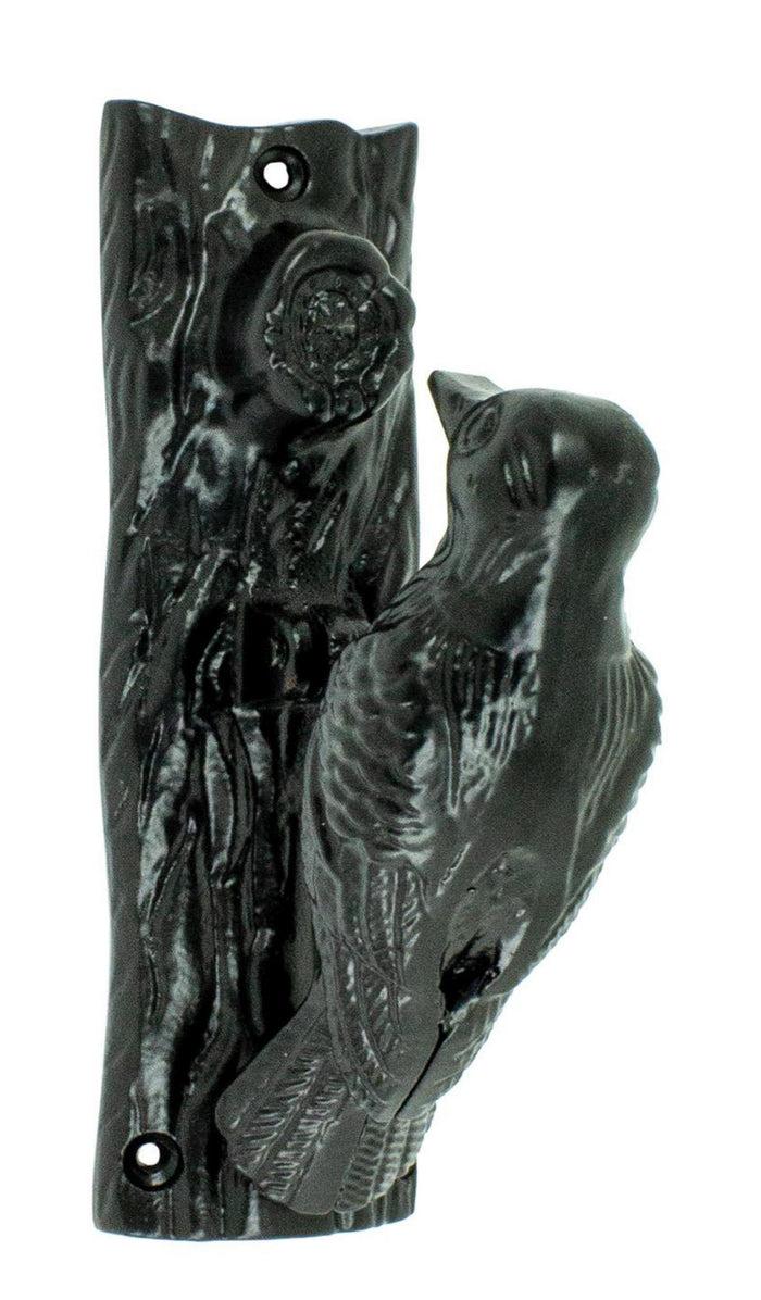 ebros gift Cast Iron Black Rustic Woodpecker Bird On Tree Door Knocker With Strike Plate