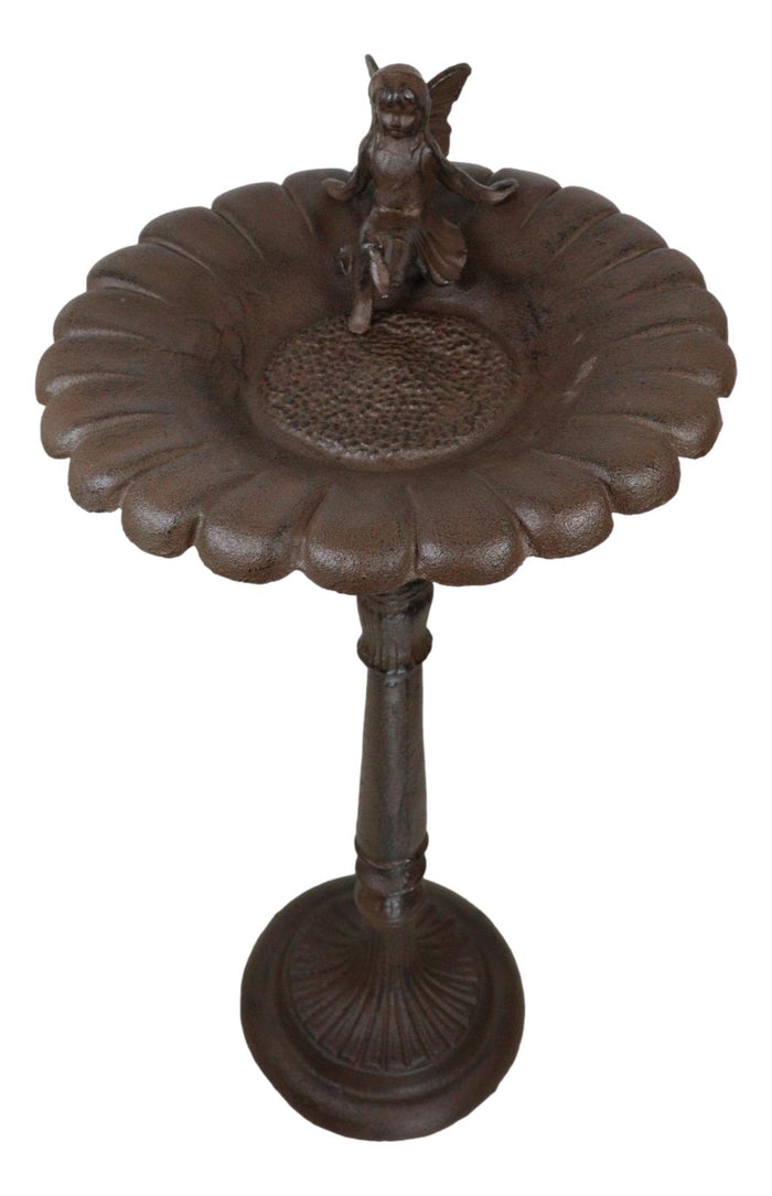 ebros gift Cast Iron Pretty Garden Fairy Pixie On Sunflower Bird Feeder Bath Garden Statue
