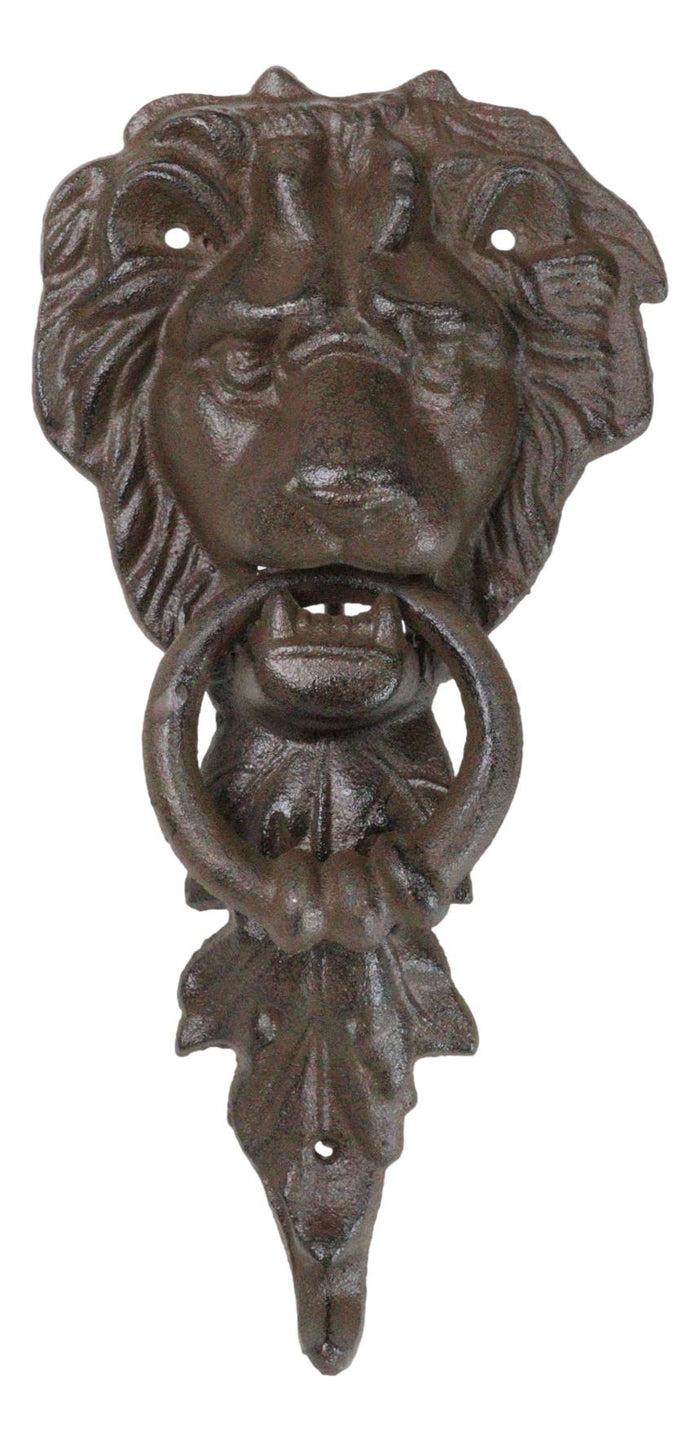 ebros gift Cast Iron Royal Venetian Lion Head Door Knocker With Greenman Leaf Strike Plate