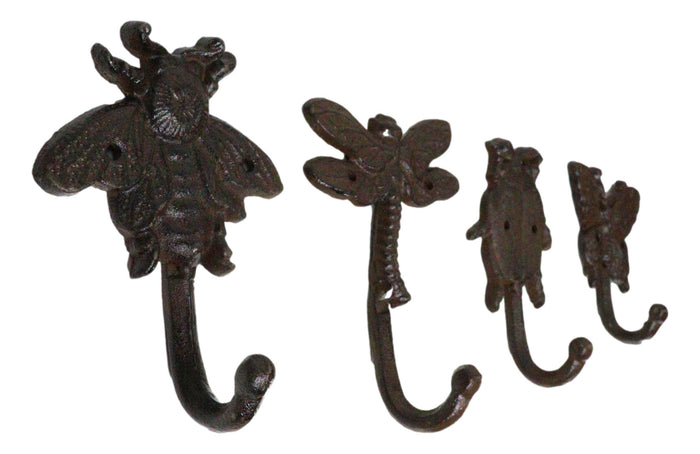 Ebros Gift Cast Iron Rustic Bee Ladybug Butterfly And Dragonfly Bugs Wall Hooks Set Of 4