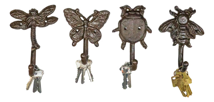 ebros gift Cast Iron Rustic Bee Ladybug Butterfly and Dragonfly Bugs Wall Hooks Set Of 4