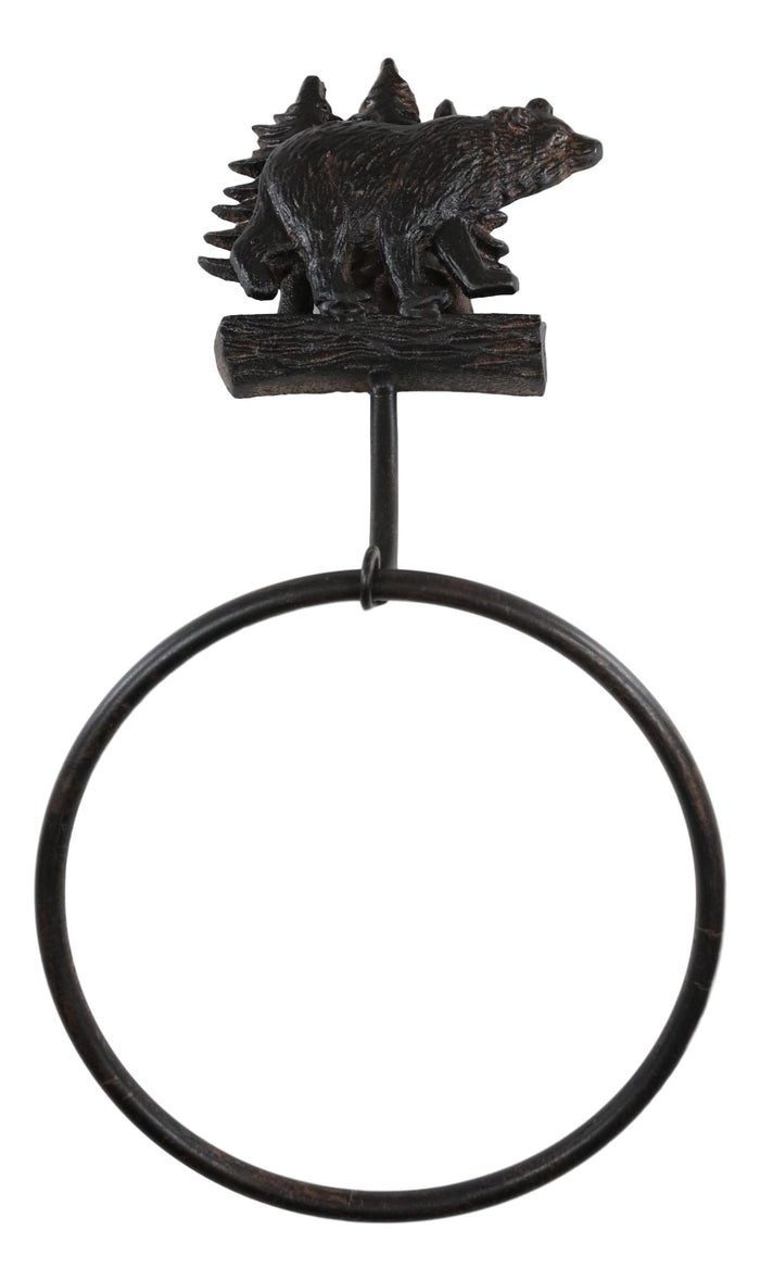 Ebros Gift Cast Iron Rustic Cabin Bathroom Black Bear By Pine Trees Hand Towel Ring Holder
