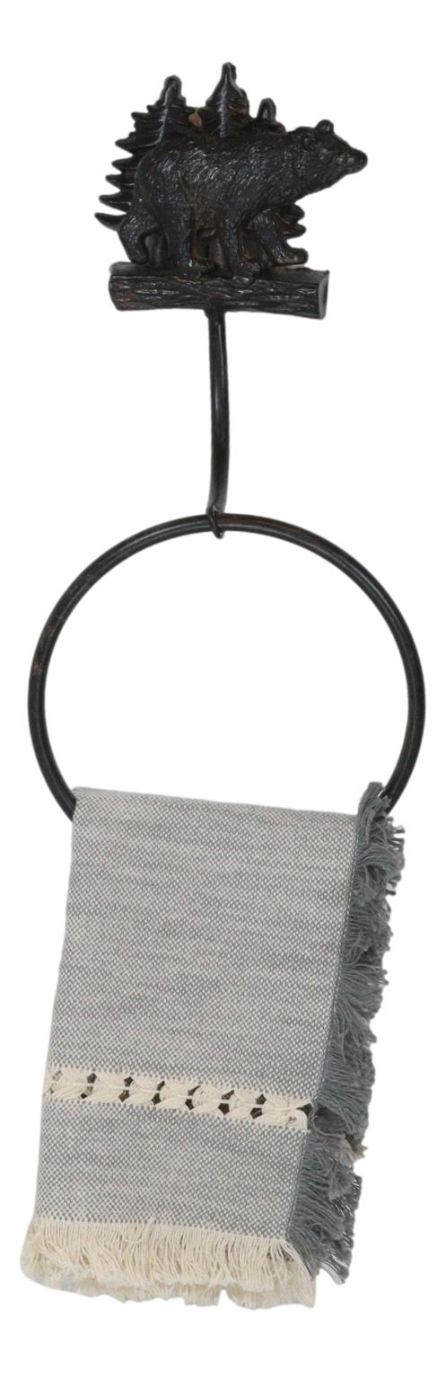 ebros gift Cast Iron Rustic Cabin Bathroom Black Bear By Pine Trees Hand Towel Ring Holder