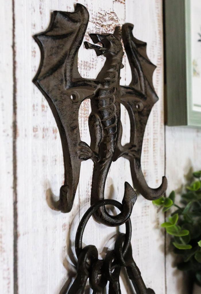 ebros gift Cast Iron Rustic Fantasy Viking Dragon 3-Pegs Wall Keys Leash Coat Hook Decor