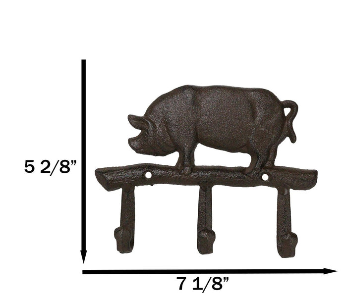Ebros Gift Cast Iron Rustic Farmhouse Hog Boar Pig 3 Peg Wall Hooks Organizer Hanger Plaque