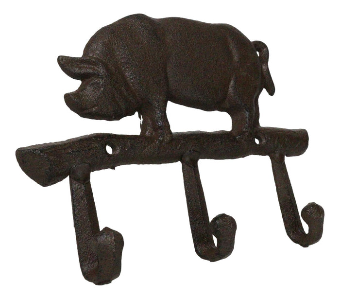 Ebros Gift Cast Iron Rustic Farmhouse Hog Boar Pig 3 Peg Wall Hooks Organizer Hanger Plaque