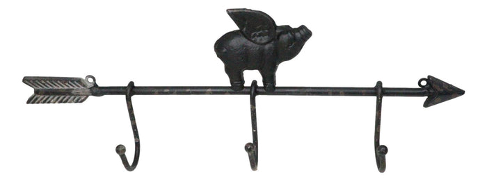 Ebros Gift Cast Iron Rustic Farmhouse When Pigs Fly Angel Pig With Arrow 3-Peg Wall Hooks