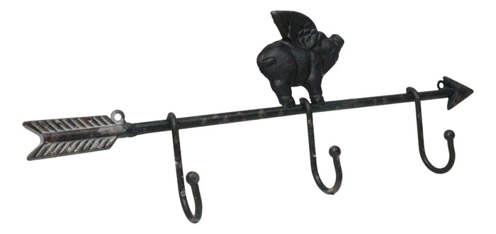 Ebros Gift Cast Iron Rustic Farmhouse When Pigs Fly Angel Pig With Arrow 3-Peg Wall Hooks