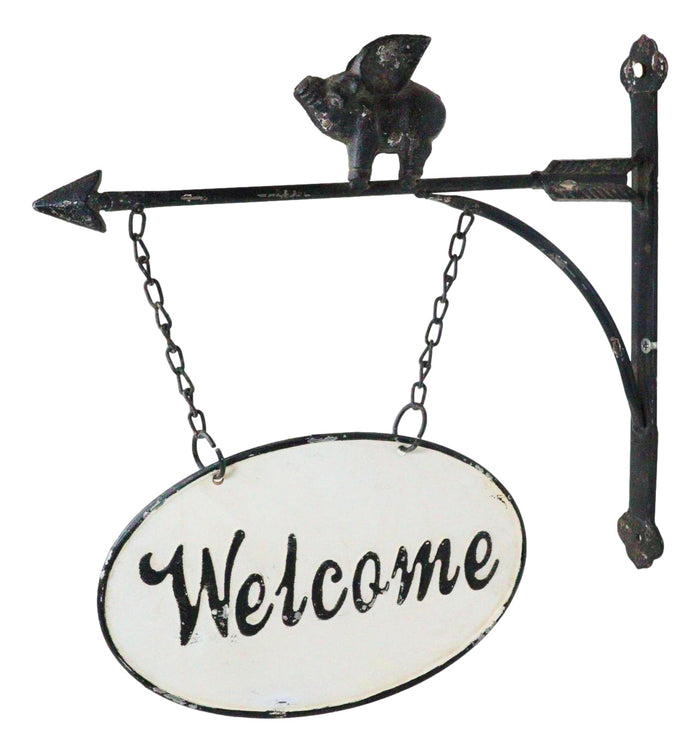 ebros gift Cast Iron Rustic Farmhouse When Pigs Fly Angel Pig With Arrow Welcome Wall Sign