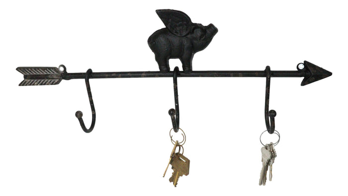 ebros gift Cast Iron Rustic Farmhouse When Pigs Fly Angel Pig With Arrow 3-Peg Wall Hooks