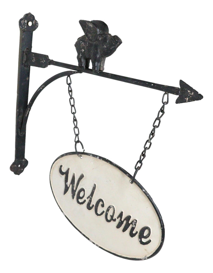 Ebros Gift Cast Iron Rustic Farmhouse When Pigs Fly Angel Pig With Arrow Welcome Wall Sign