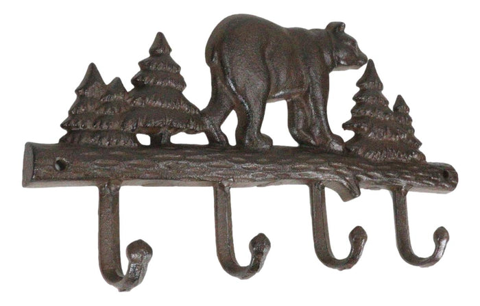 Ebros Gift Cast Iron Rustic Forest Black Bear By Pine Trees Forest 4-Pegs Wall Coat Hooks
