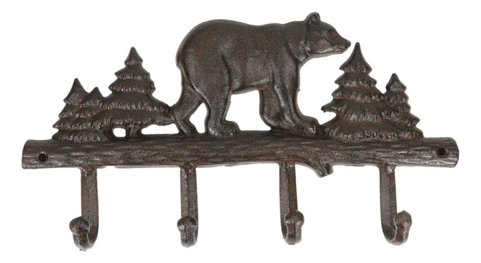 Ebros Gift Cast Iron Rustic Forest Black Bear By Pine Trees Forest 4-Pegs Wall Coat Hooks