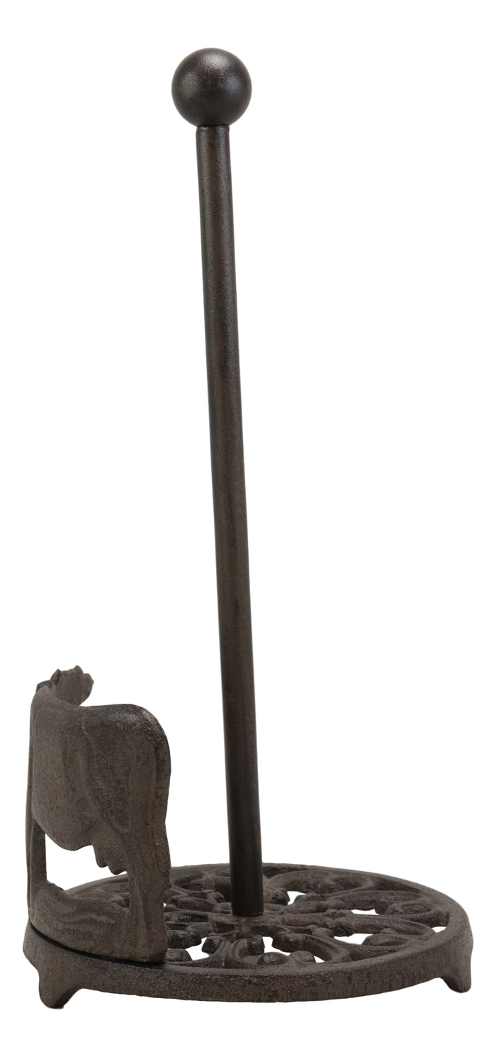 Ebros Gift Cast Iron Rustic Holstein Cow With Scroll Art Kitchen Paper Towel Holder Stand