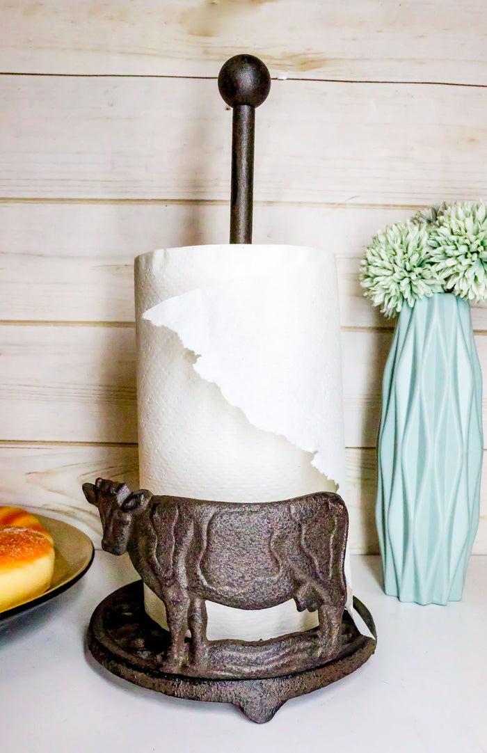 Ebros Gift Cast Iron Rustic Holstein Cow With Scroll Art Kitchen Paper Towel Holder Stand