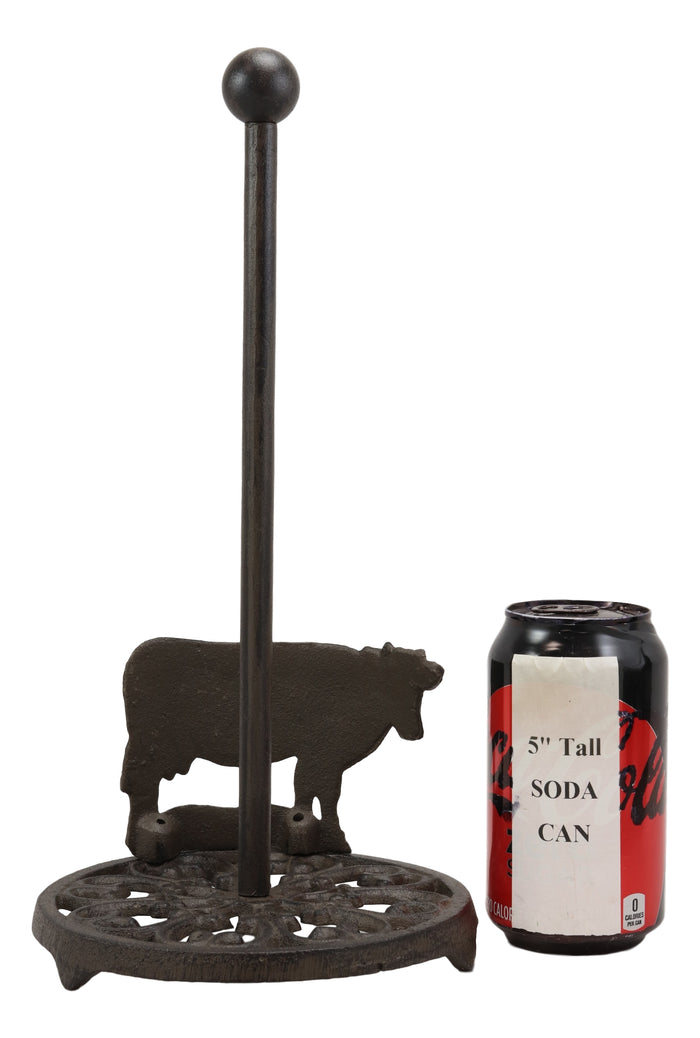 Ebros Gift Cast Iron Rustic Holstein Cow With Scroll Art Kitchen Paper Towel Holder Stand