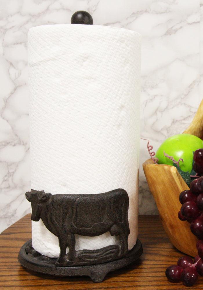 ebros gift Cast Iron Rustic Holstein Cow With Scroll Art Kitchen Paper Towel Holder Stand