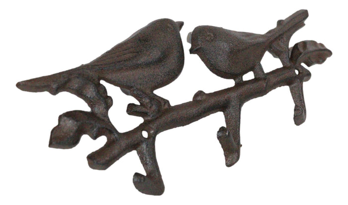 Ebros Gift Cast Iron Rustic Lovebirds Perching On Leafy Twig Branch 3-Pegs Wall Coat Hook