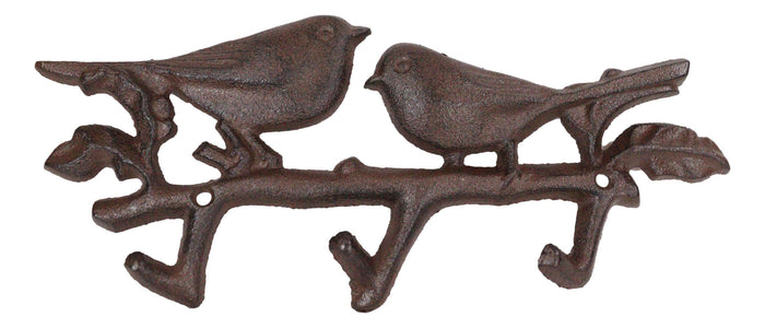 Ebros Gift Cast Iron Rustic Lovebirds Perching On Leafy Twig Branch 3-Pegs Wall Coat Hook